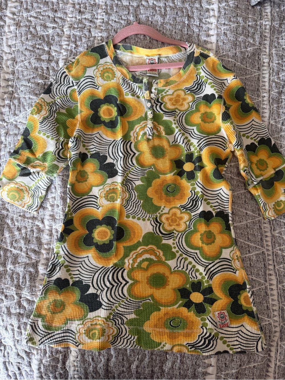 Lucky Brand Floral Henley Top in Yellow Green Black Vintage Y2K